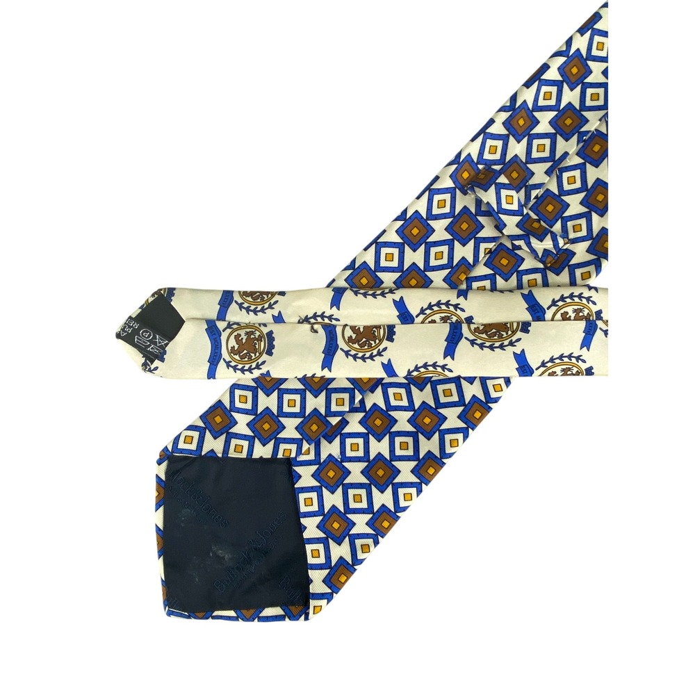VTG Bullock & Jones Mens Silk Necktie Off White Royal Blue Crest Tie France 57x4